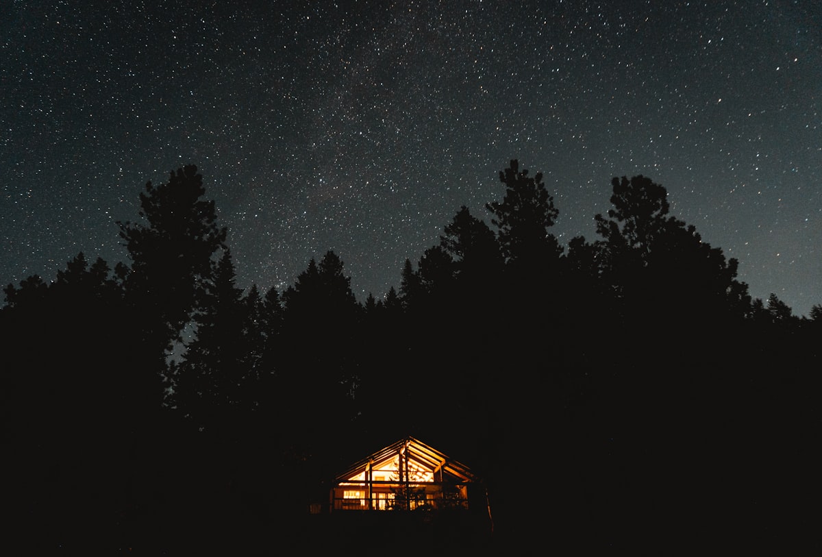 House with landscape lighting illuminated at night