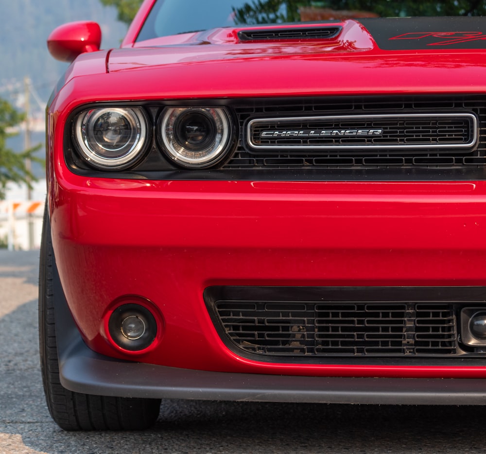 the front of a red car