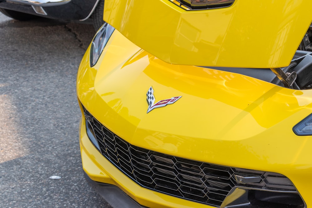 the front of a yellow car