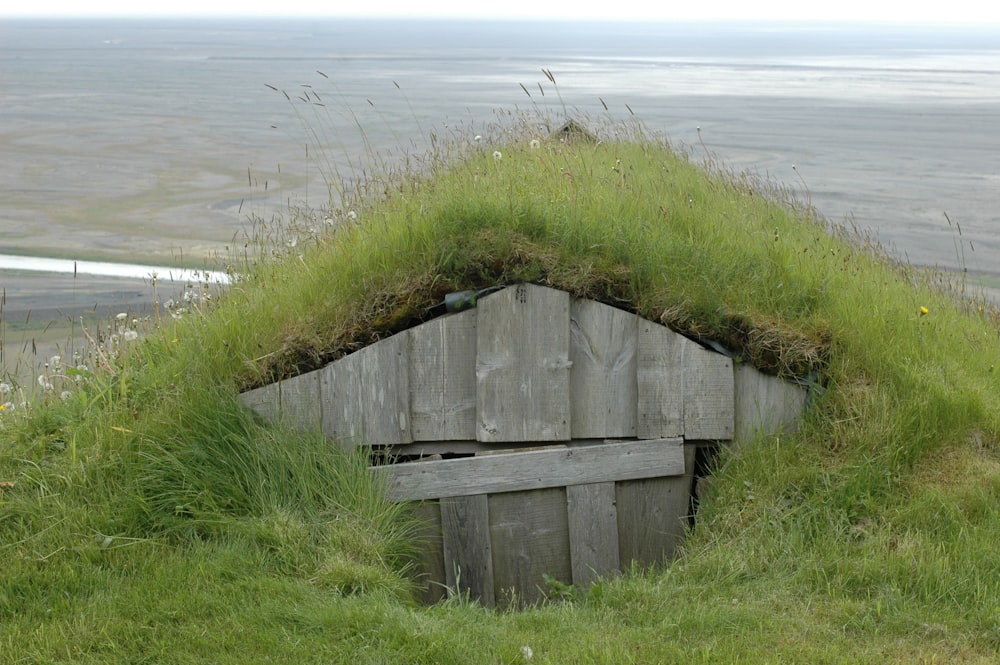 a wooden structure in the grass