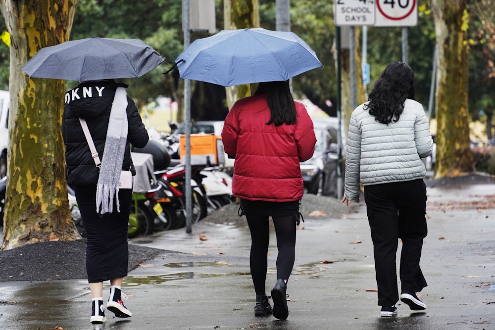 a group of women walking down a sidewalk with umbrellas
