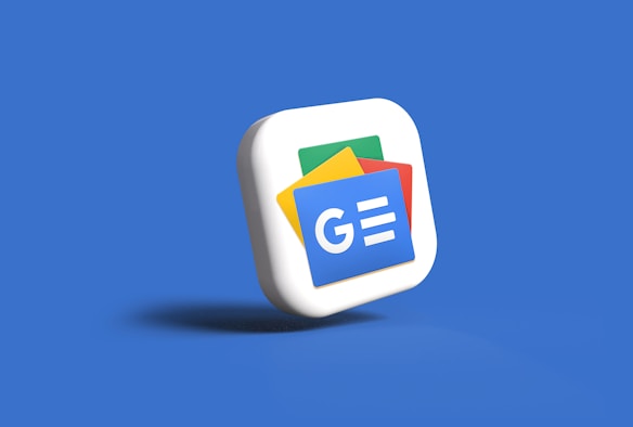 A 3D icon of a stack of cards with the Google News logo, featuring blue, green, yellow, and red colors, set against a solid blue background.