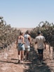 a group of people walking on a dirt path