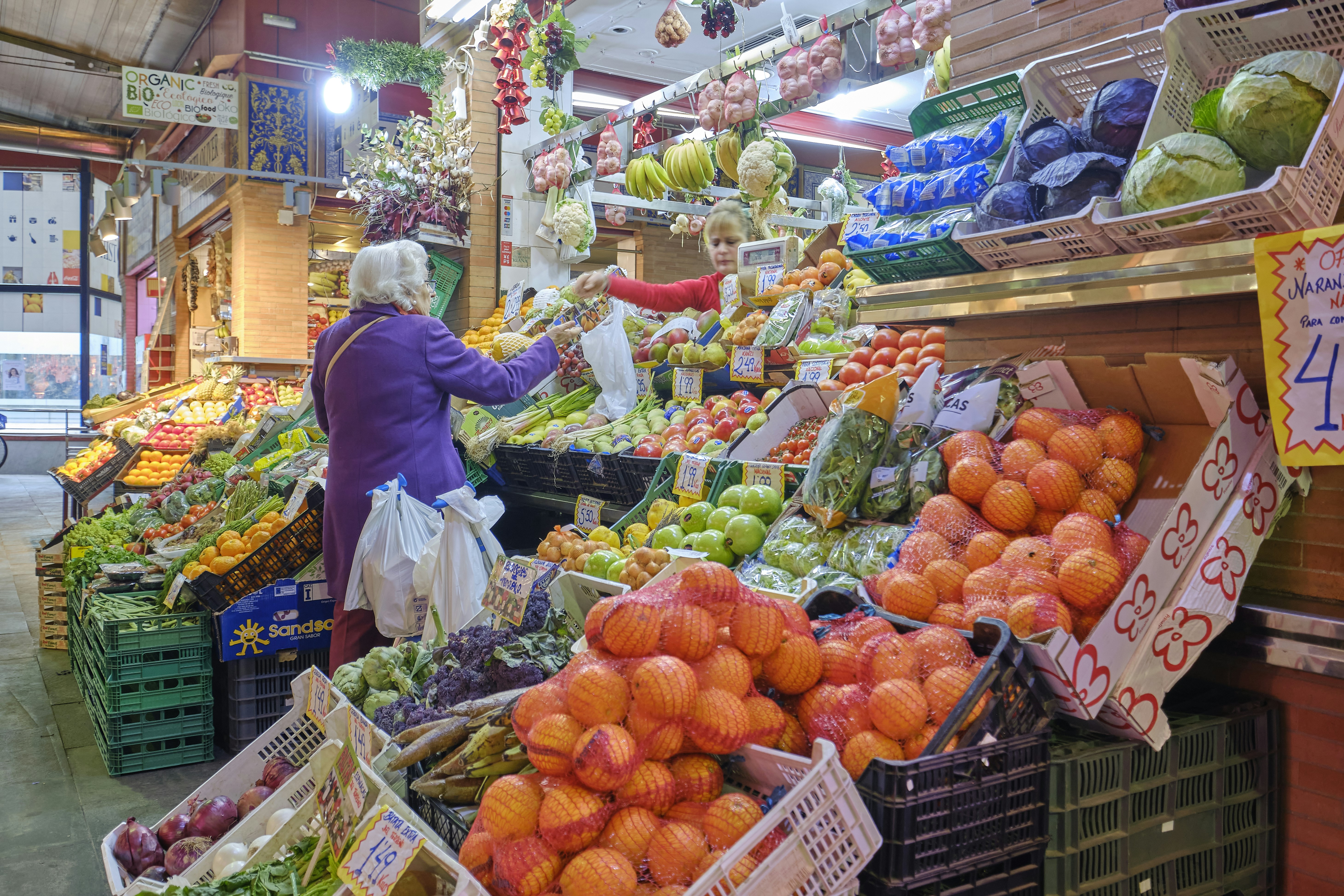 A high-angle shot of a organized kitchen counter with fresh seasonal vegetables, a smartphone showing the EasyHome budget tracker, and a reusable grocery bag.