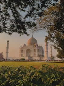 A distant view of the Taj Mahal framed by lush greenery and trees. The iconic white marble mausoleum is bathed in warm, golden light under a blue sky. Visitors can be seen walking on the grounds and admiring the structure.
