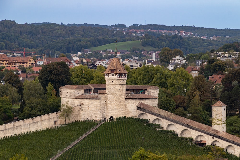 a large building with a tower and a bridge over a river