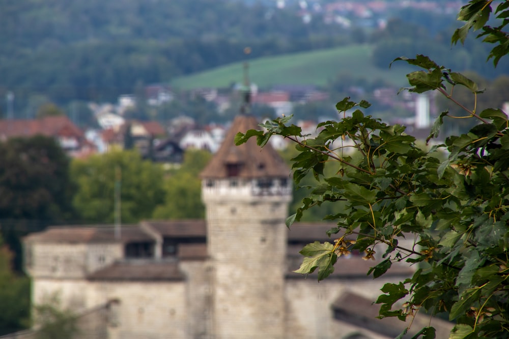 a stone wall with a tower and trees in the background