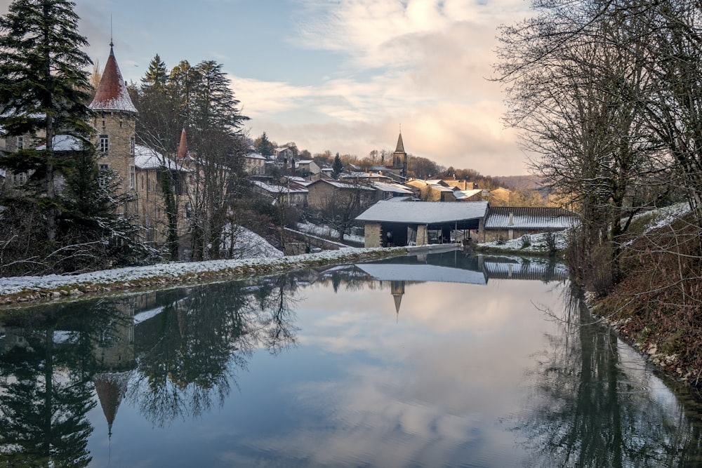 a body of water with buildings and trees around it