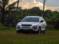 A pristine white SUV against a backdrop of Goan palm trees and blue sky.