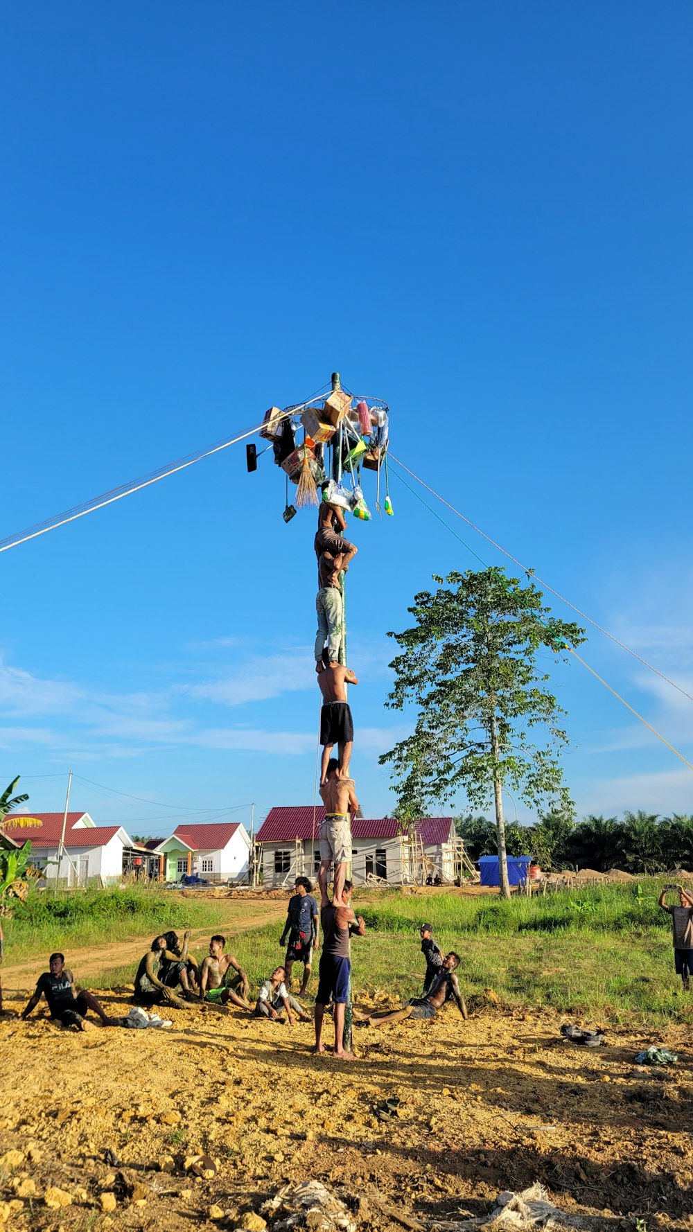 a person on a pole with a kite in the air