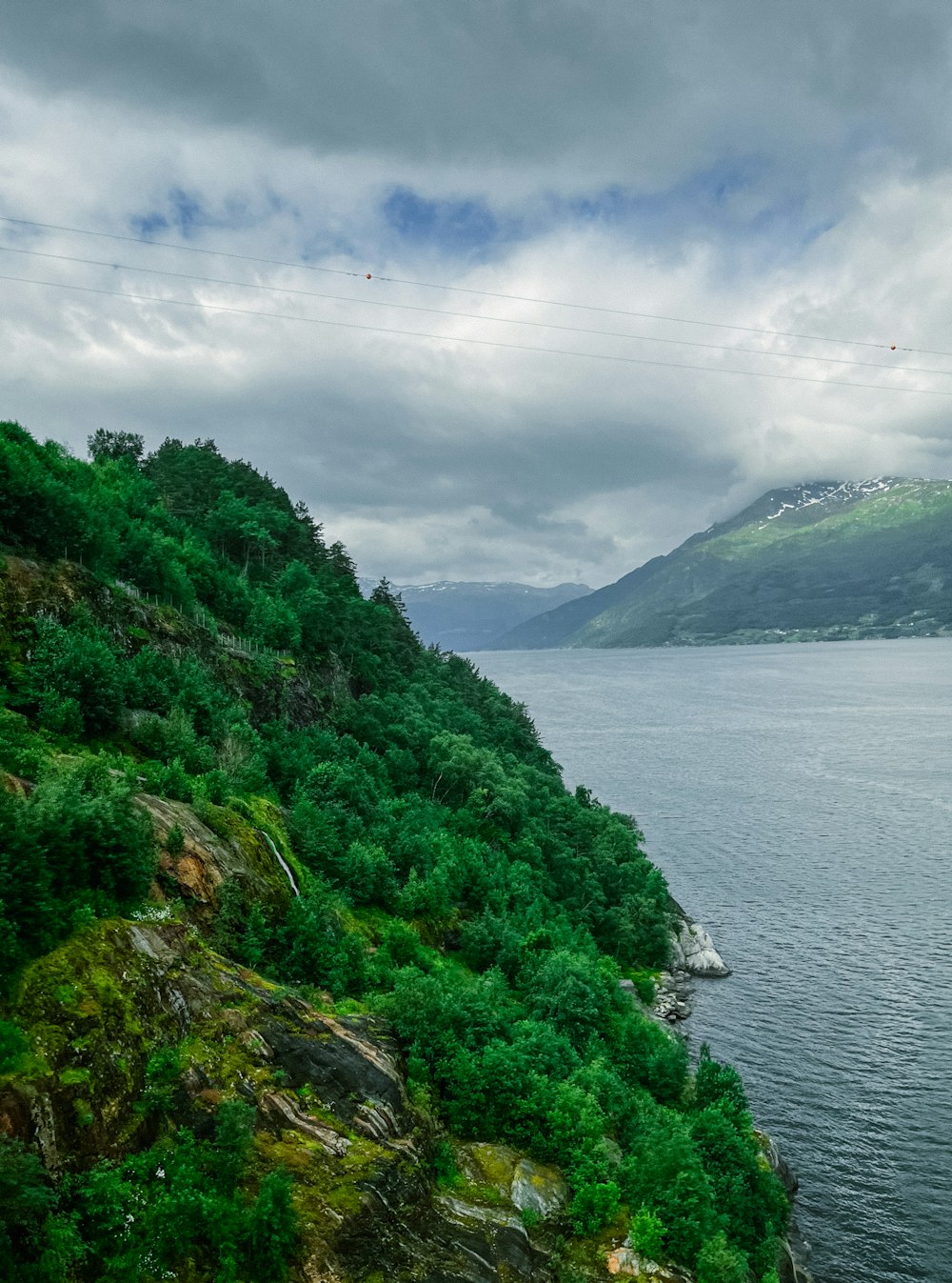 a landscape with trees and a body of water in the back