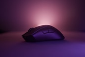A computer mouse is placed on a flat surface, illuminated by a soft purple and pink glow from the background. The mouse features two buttons on its side and has a sleek, ergonomic design.
