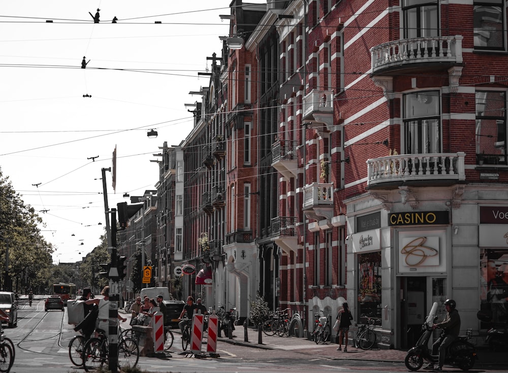 a city street with people and bikes