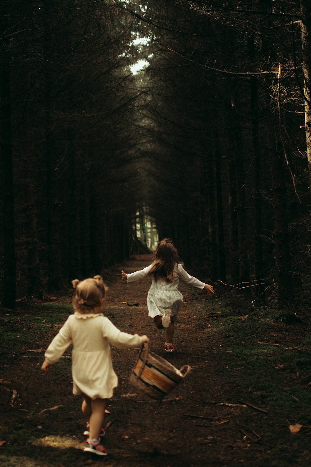 two children playing in the woods