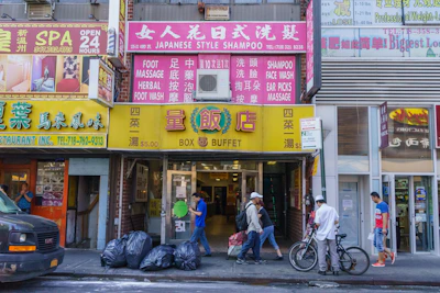 Street view of a busy commercial area.