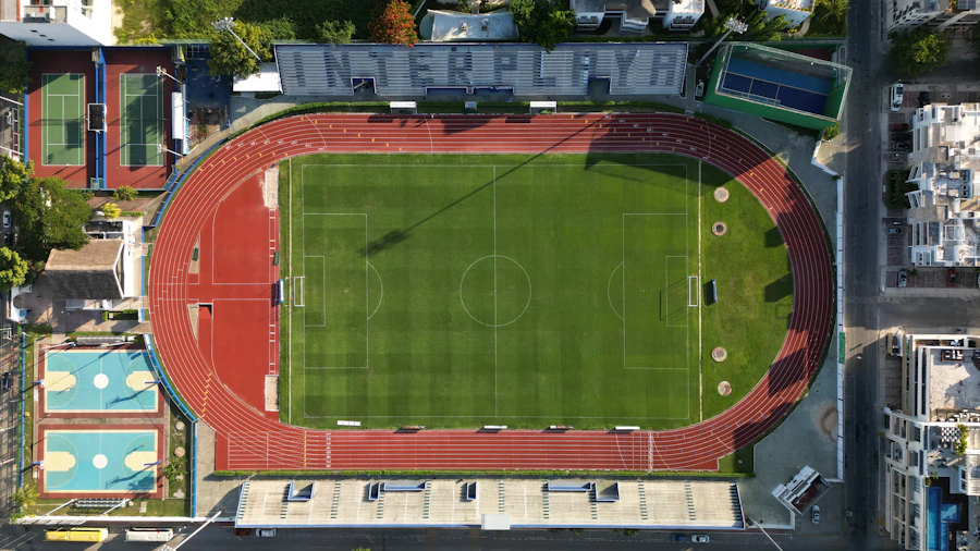 Aerial view of a football stadium at night