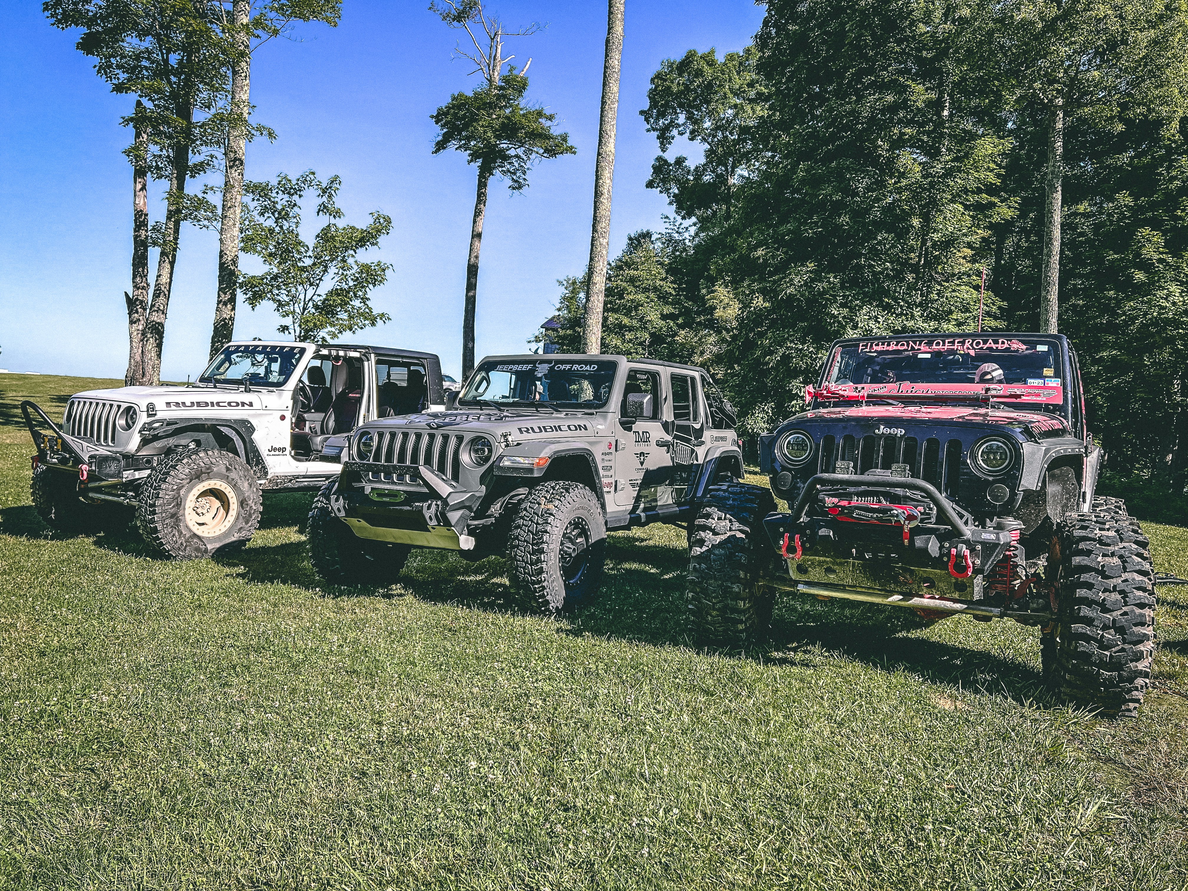 a group of vehicles parked in a grassy field