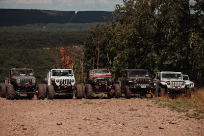 a group of vehicles parked on a dirt road
