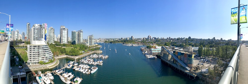 a body of water with boats in it and a city in the background