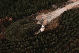 An aerial view of a wooded area with a significant presence of trees, showing a dirt or gravel road cutting through the landscape. A large construction vehicle, possibly a dump truck, is situated on the road, surrounded by dense forest on both sides.