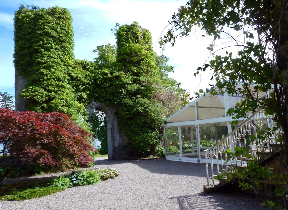 a white building with a staircase and trees around it