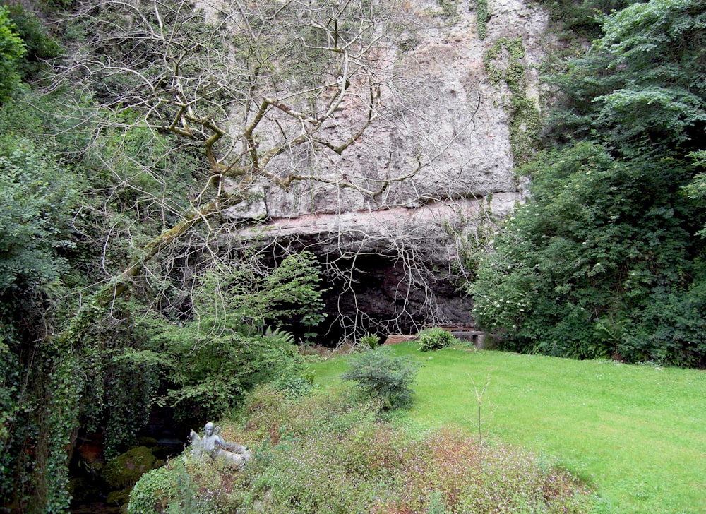 a stone bridge over a grassy area