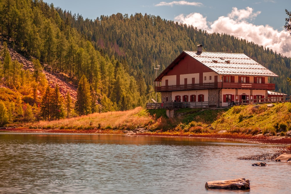 a house on a hill by a lake