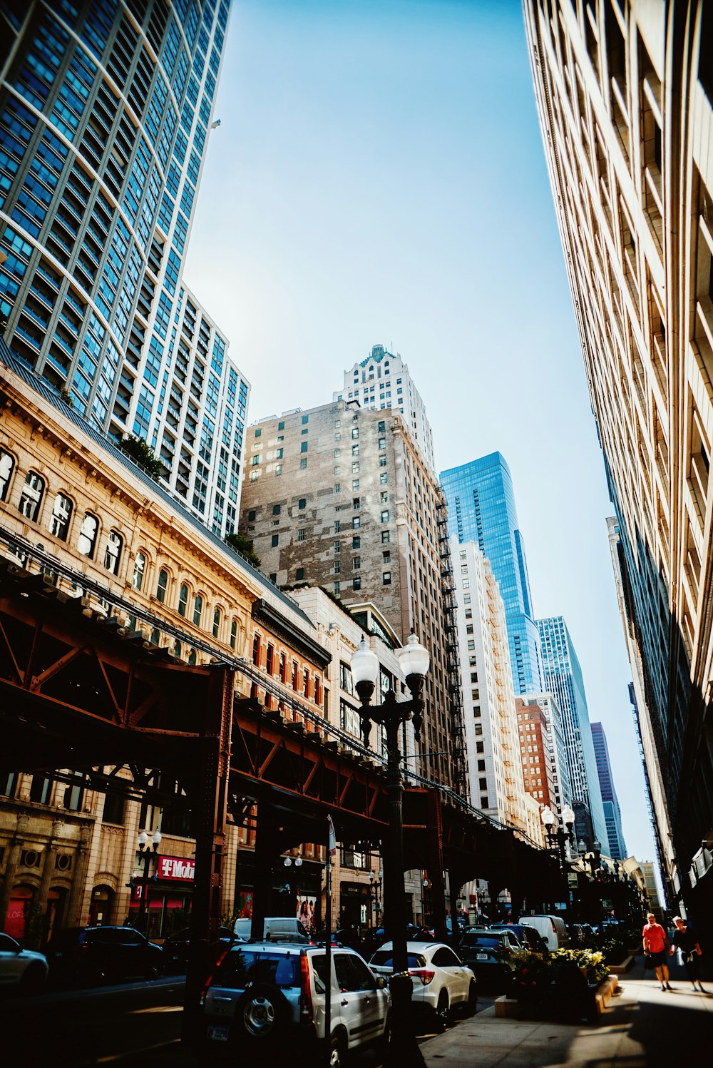 a city street with tall buildings