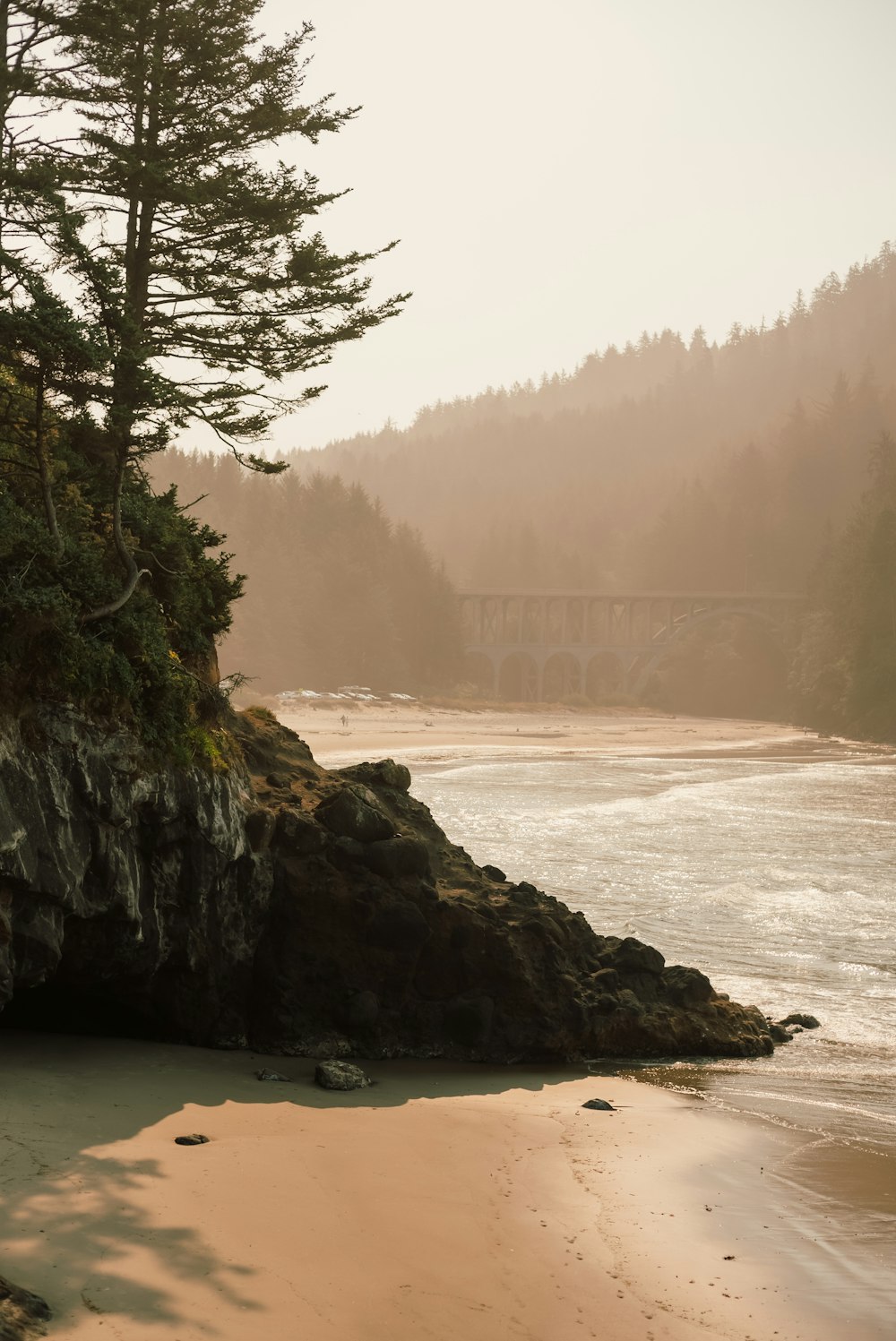 a beach with a bridge in the background