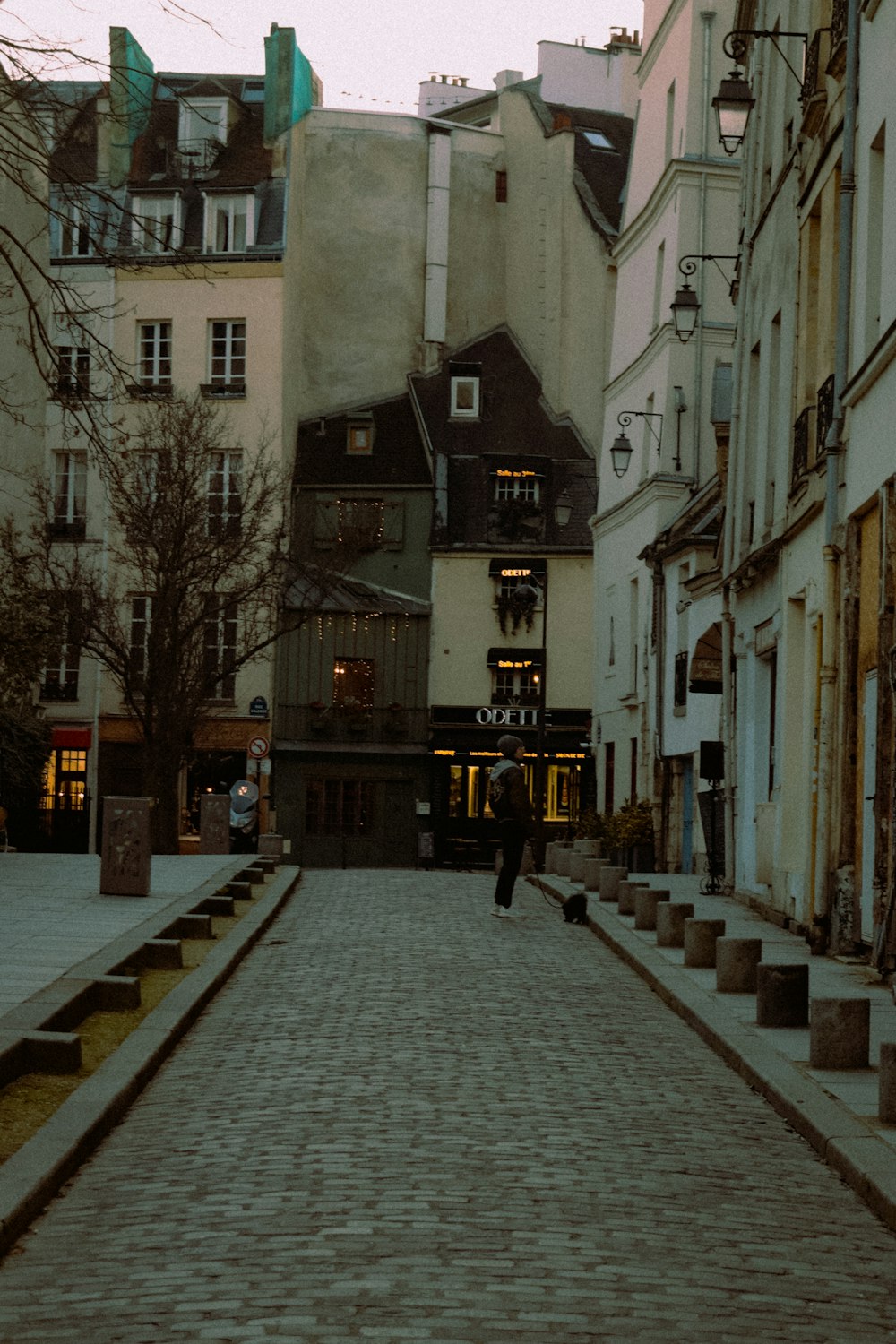 a person walking a dog on a brick road between buildings