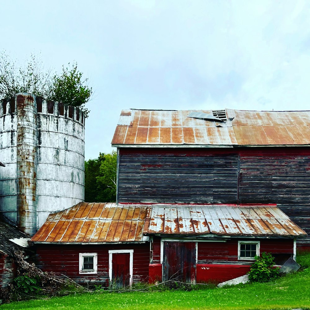 a red barn with a chimney