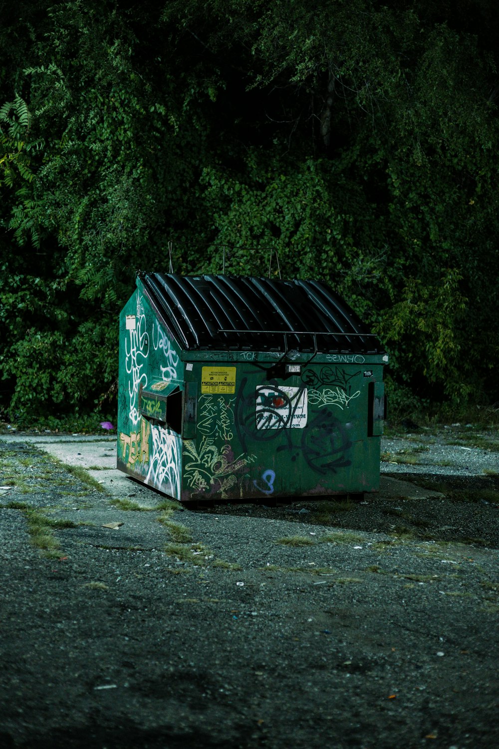 Un cubo de basura verde con graffiti