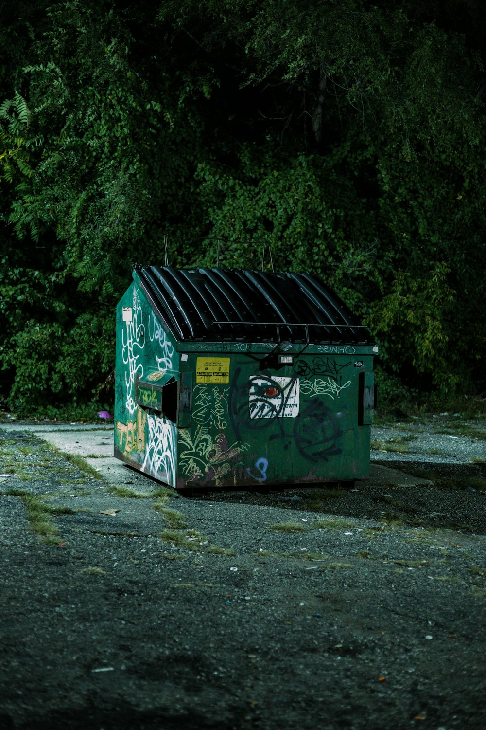 un bidone della spazzatura verde con graffiti su di esso