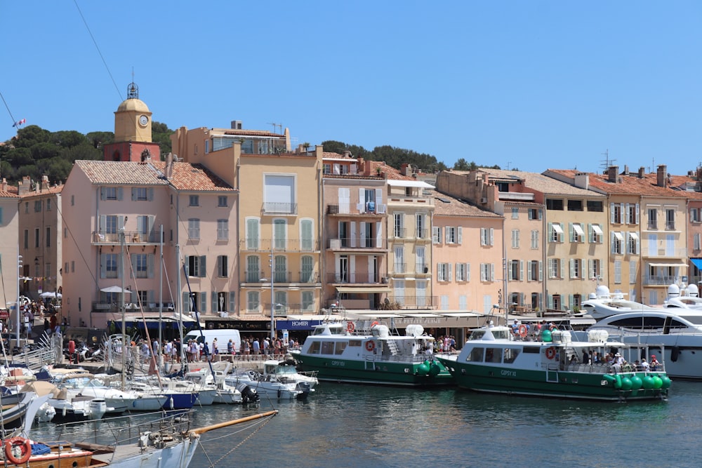 a group of boats in a harbor