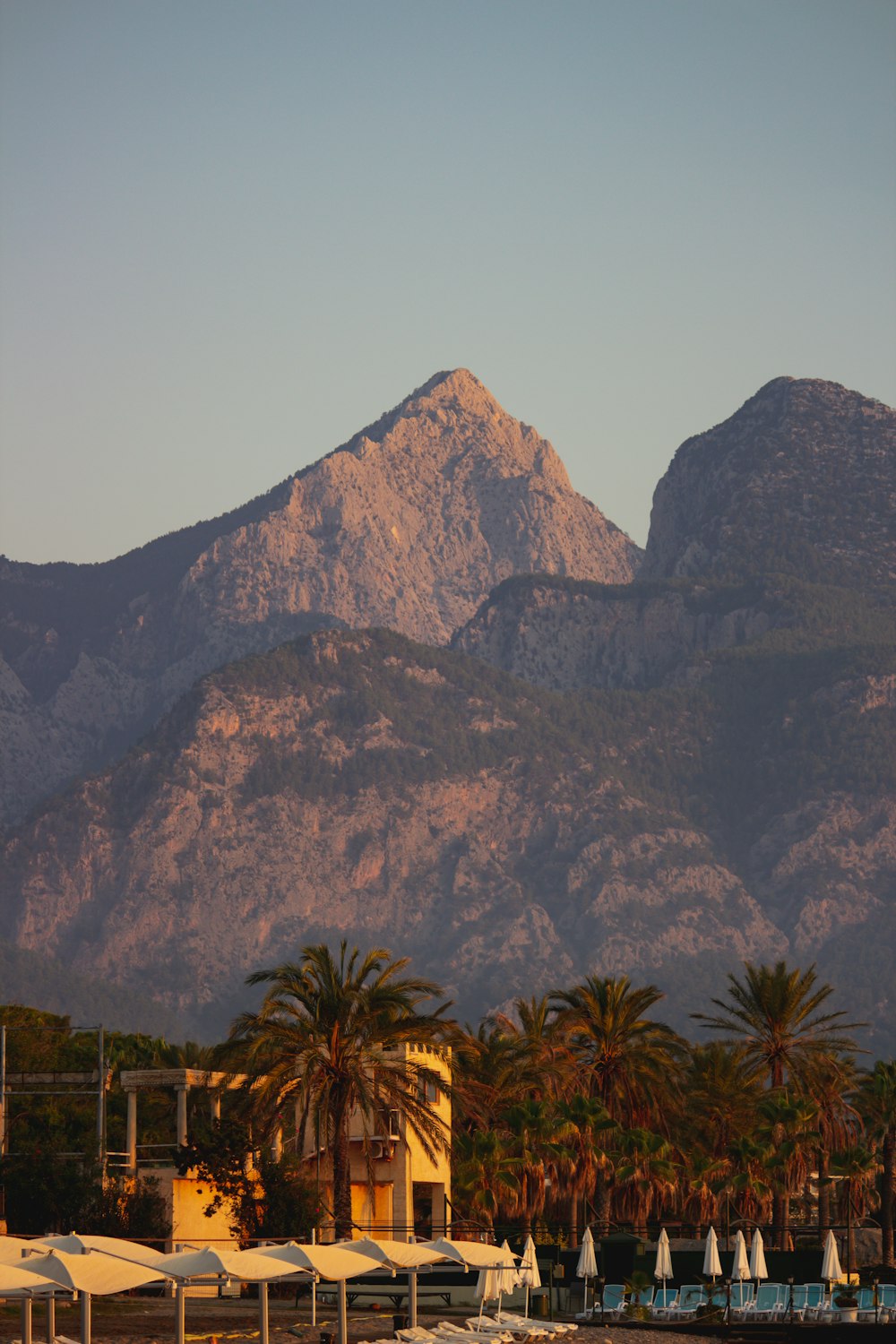 a group of buildings with trees and mountains in the background