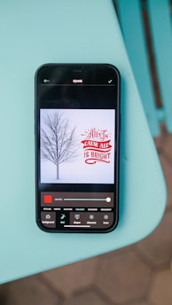 A smartphone lying on a turquoise surface displays an image editing app. The app shows an image of a barren tree against a light background with the text 'All is Calm, All is Bright' in red and white. Various editing tools are visible at the bottom of the screen.
