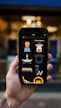 A hand holding a smartphone displaying several fashion and beauty icons. The screen shows images such as a dress, a face with a hat, a comb, a razor, and other beauty-related icons. The background appears out of focus, adding emphasis to the phone's screen.