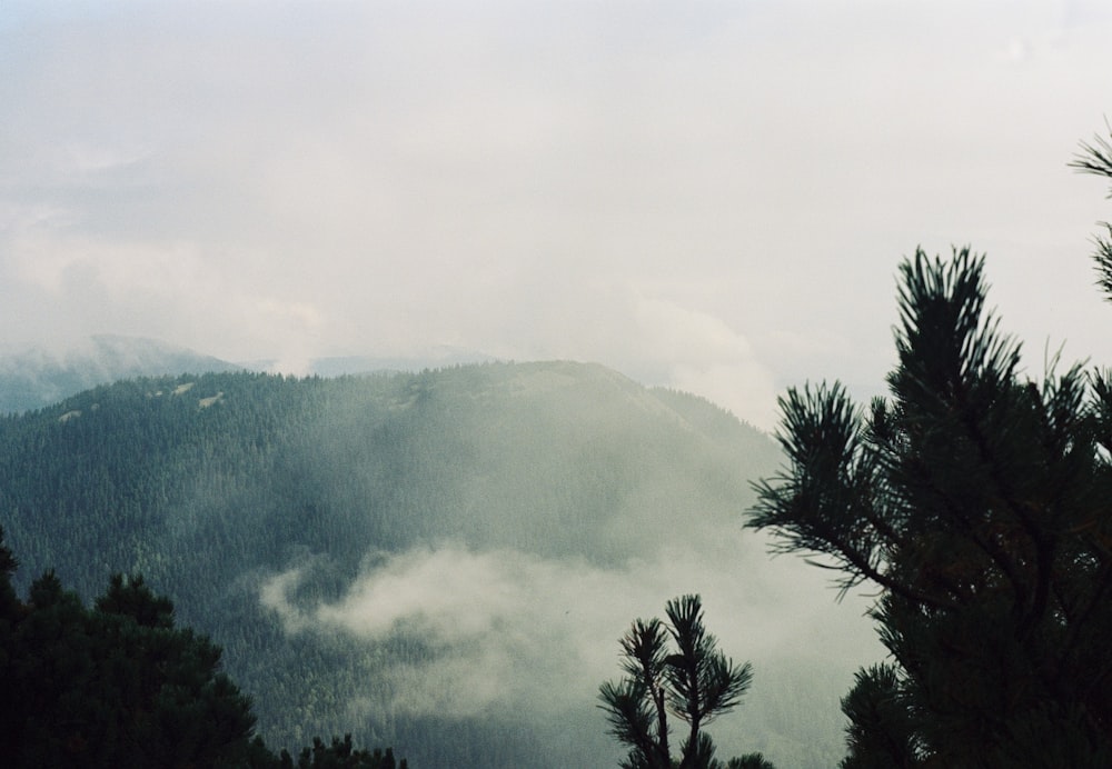 a view of a mountain range with clouds and trees
