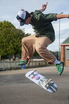 Skateboarder wearing Trust Skateboard apparel performing a trick.
