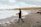 A surfer in a black wetsuit carrying a white surfboard walks along a pebble-strewn beach. The sky is overcast with clouds, and waves are gently crashing on the shoreline. The backdrop features rolling hills and a grassy landscape, creating a serene coastal environment.