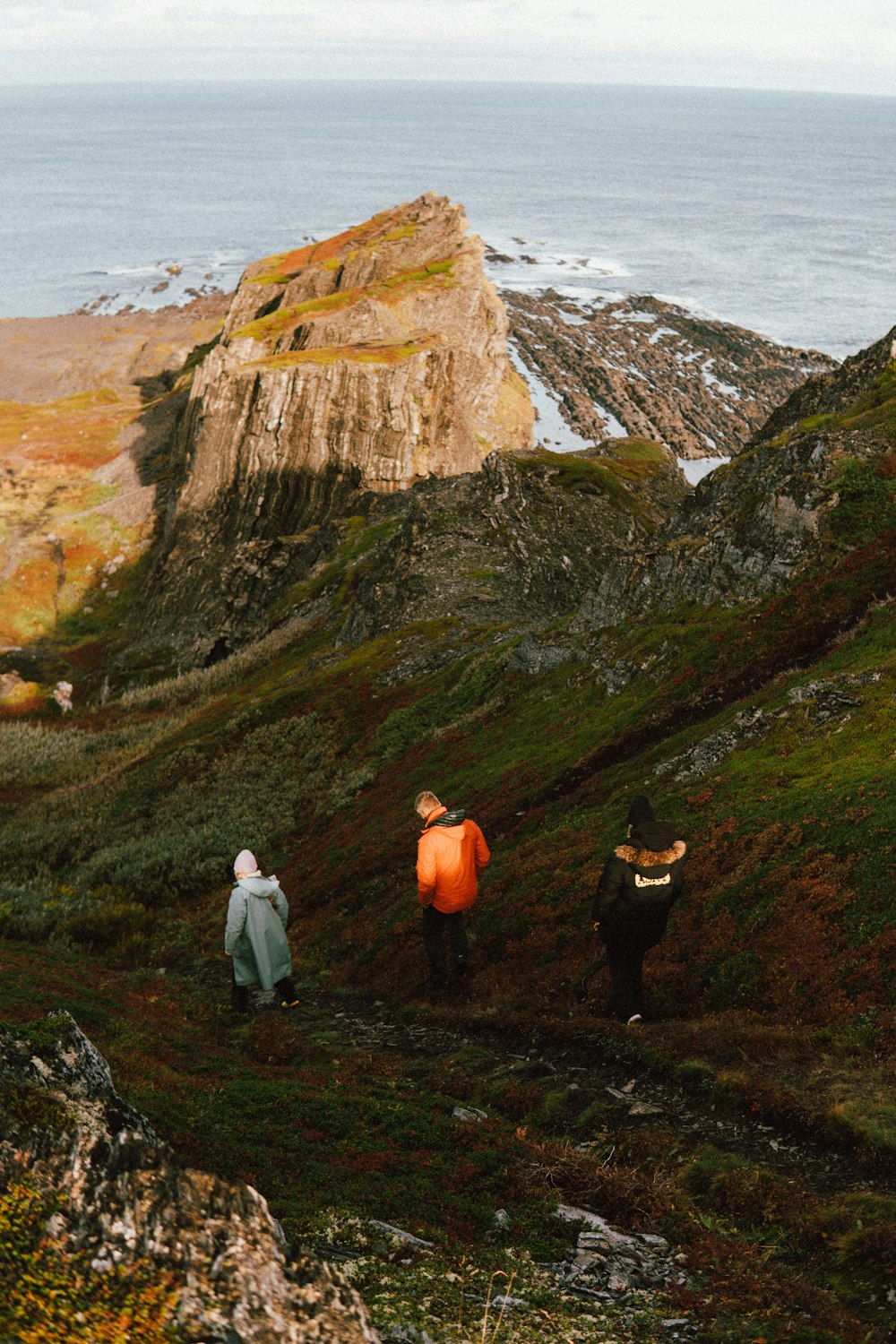 Un grupo de personas de pie en un acantilado rocoso con vistas al océano