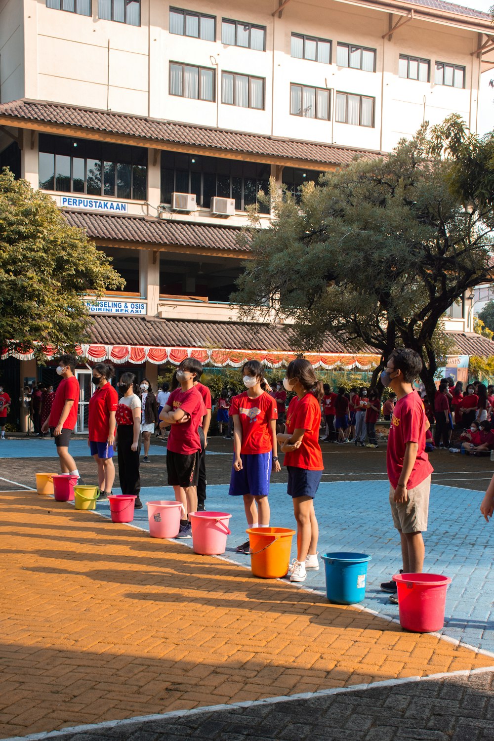 a group of people standing outside