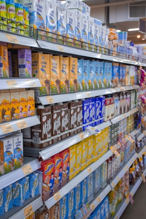 shelves of cereals in a store