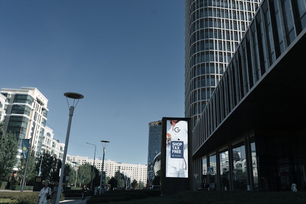 a large building with a sign in front of it