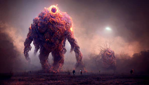 An imaginative creature emerging from mist, blending fantasy with realism in a moody environment.