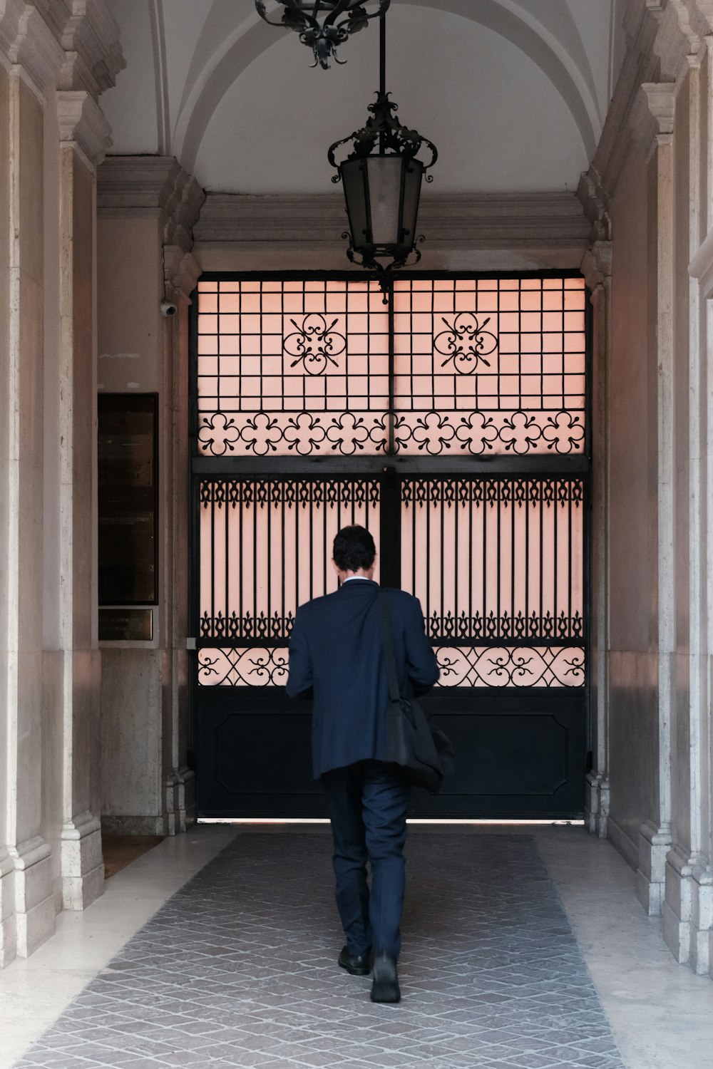 a person walking in a hallway