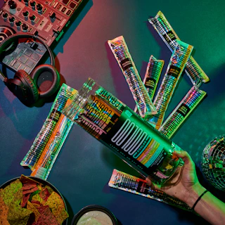 An assortment of cocktail kits displayed with vibrant party lights in the background