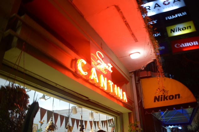 a building with neon signs