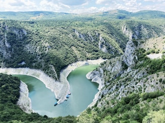 a river with a waterfall and trees