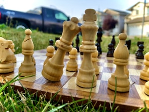Chess pieces arranged on a board placed outdoors, with grass in the foreground. The image features a blurred background with a truck and residential buildings.